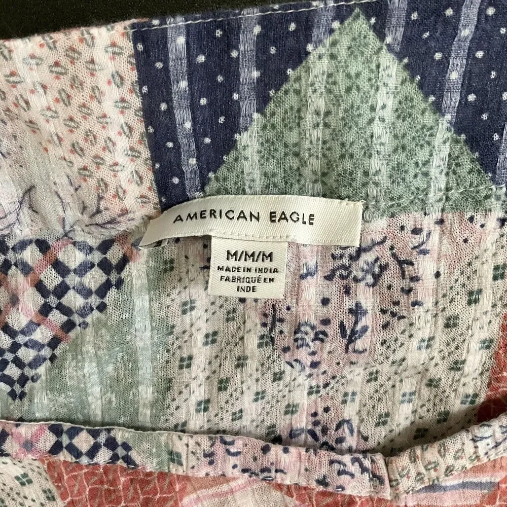 American Eagle Outfitters Blouse Womens Medium Multicolor Patchwork Peplum Boho